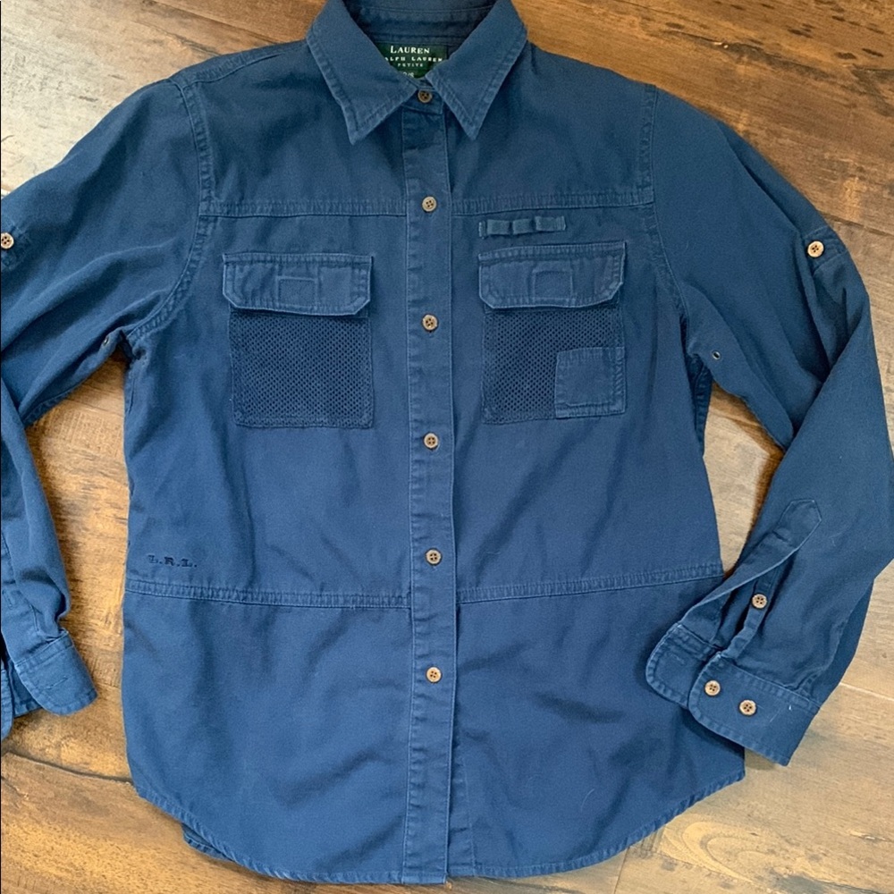 Lauren by Ralph Lauren Navy Blue Petite Roll Tab Button Up Classic Vintage Shirt - Picture 5 of 16